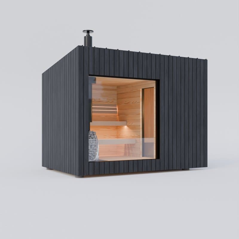 Sauna Hansei - outdoor sauna in black thermo pine, large picture window onto the benches and heater