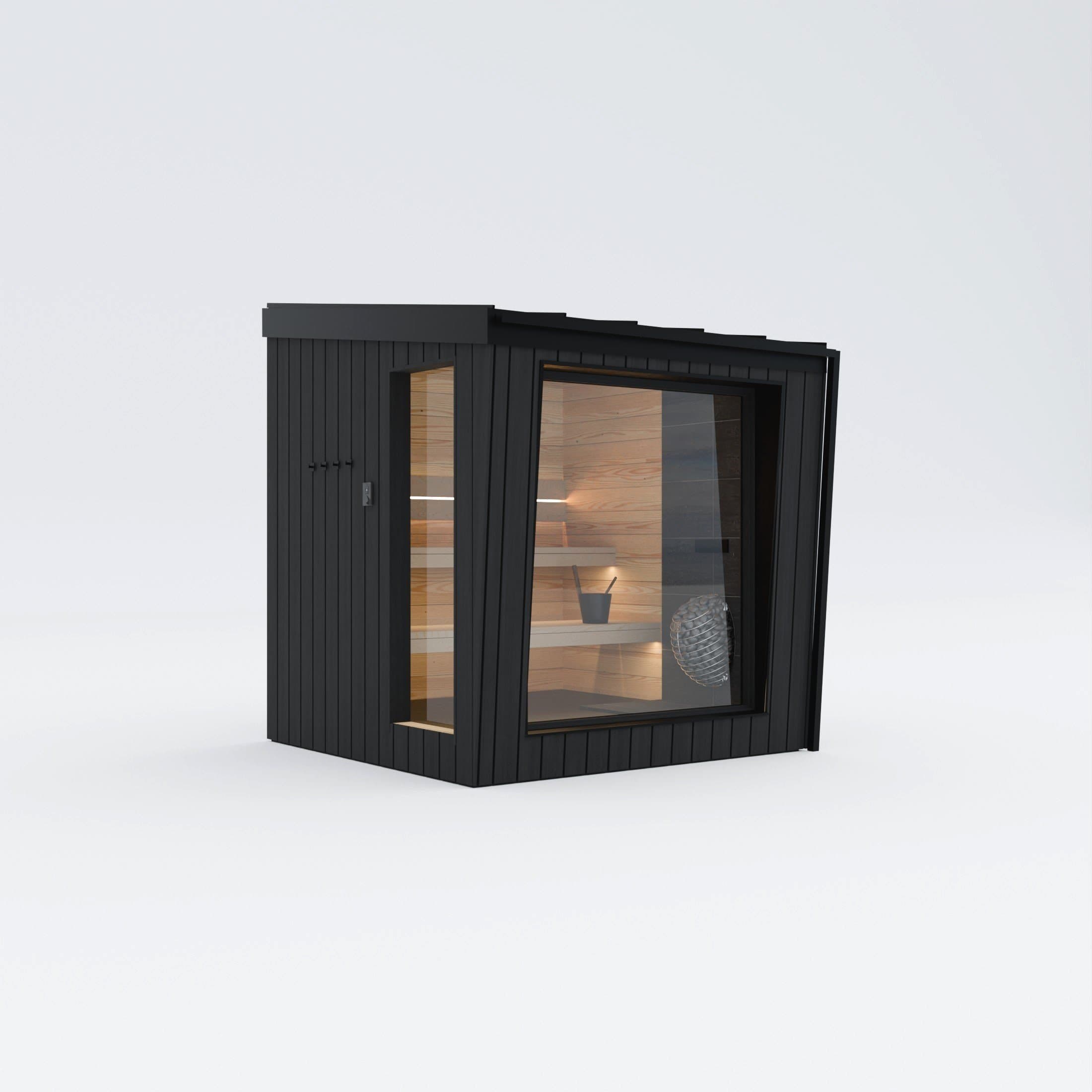 Sauna Ikigai 3 - outdoor sauna in black thermo pine with corner glazing onto lit pine benches
