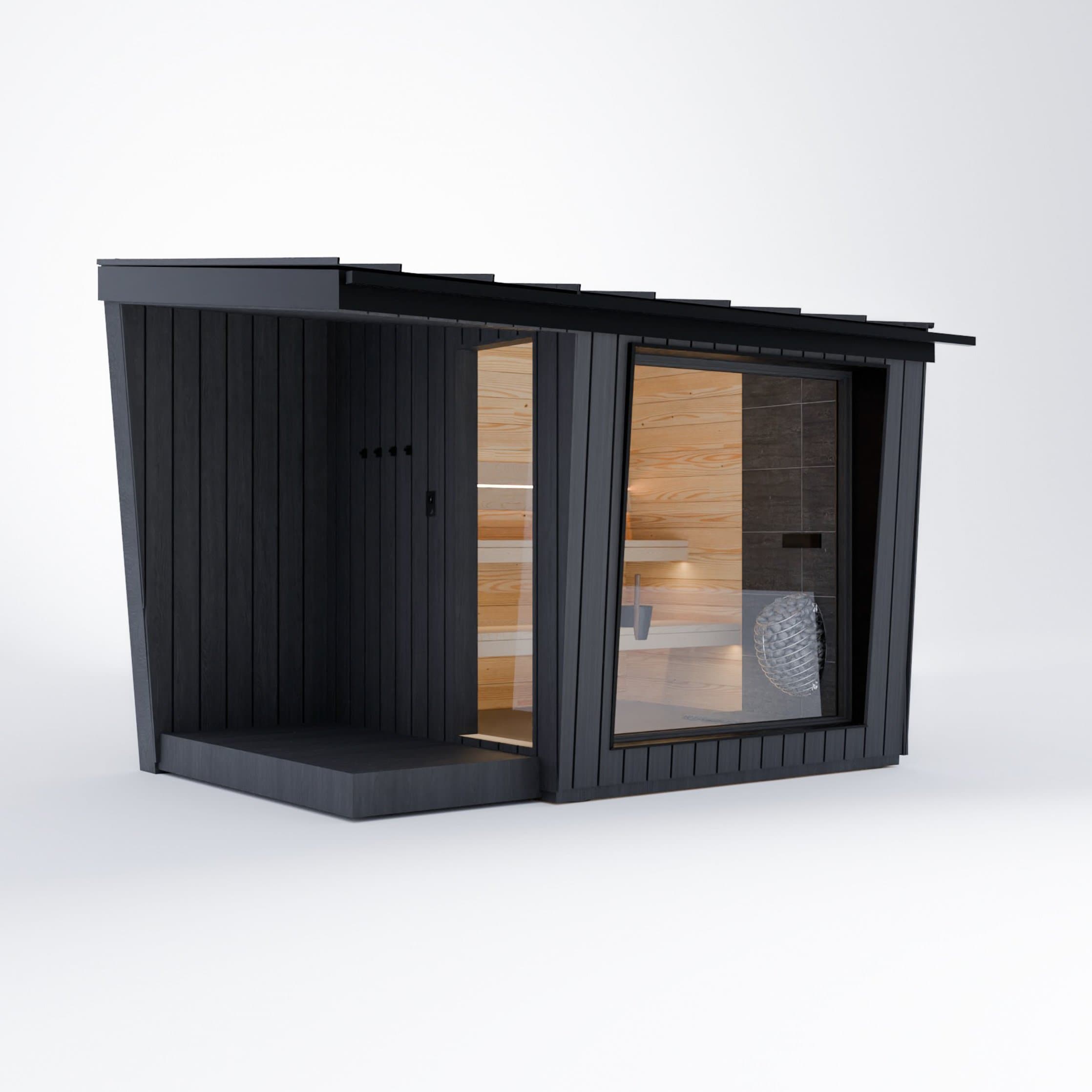 Sauna Ikigai 5 - outdoor sauna in black thermo pine with a covered veranda beside the glazed sauna room