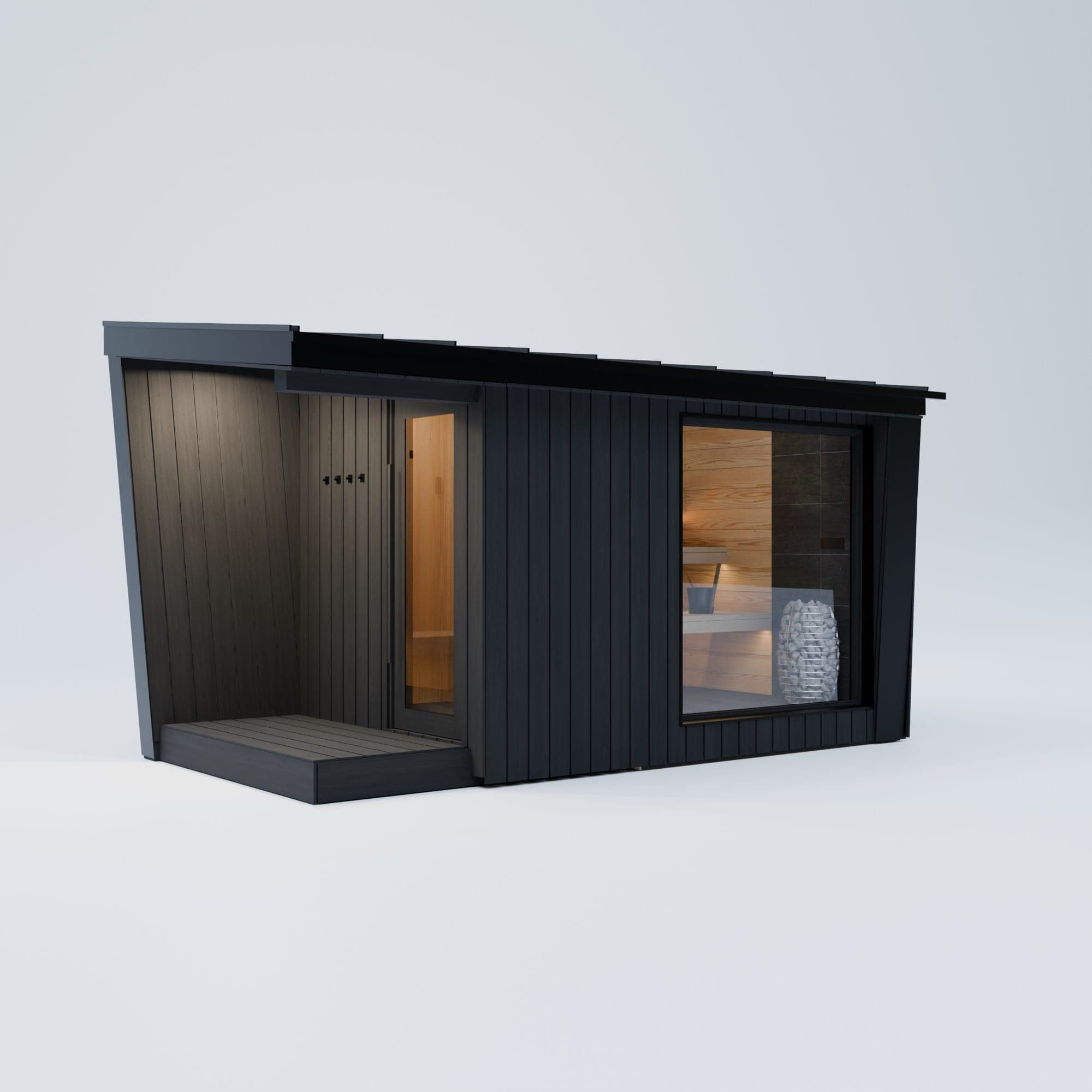 Sauna Ikigai 7 - outdoor sauna in black thermo pine with an enclosed vestibule beside the glazed sauna room