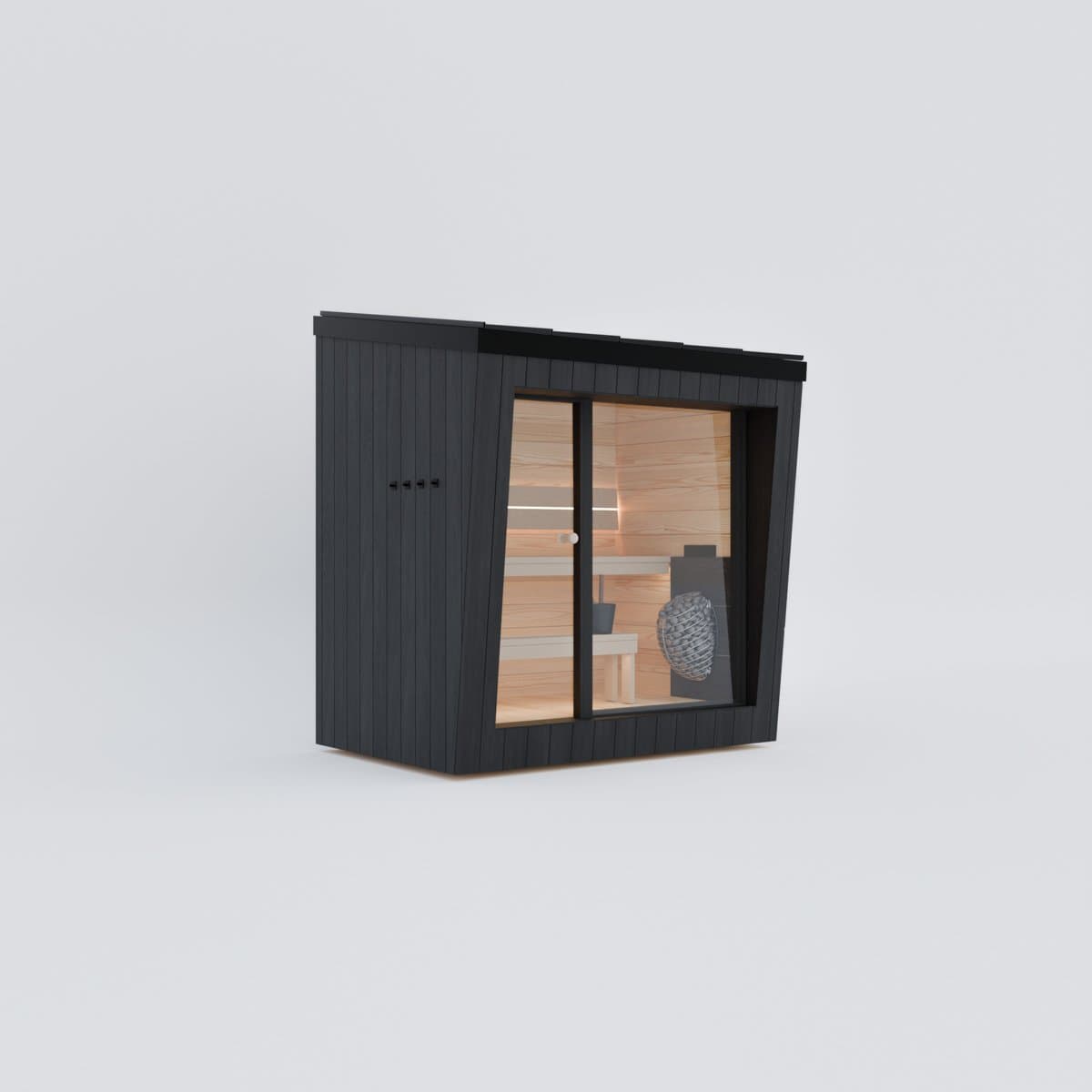 Sauna Kaizen - compact outdoor sauna in black thermo pine, glass front revealing the benches and heater